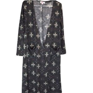 LuLaRoe Long Open Front Sarah Cardigan with Pockets, Charcoal Gray with‎ Print